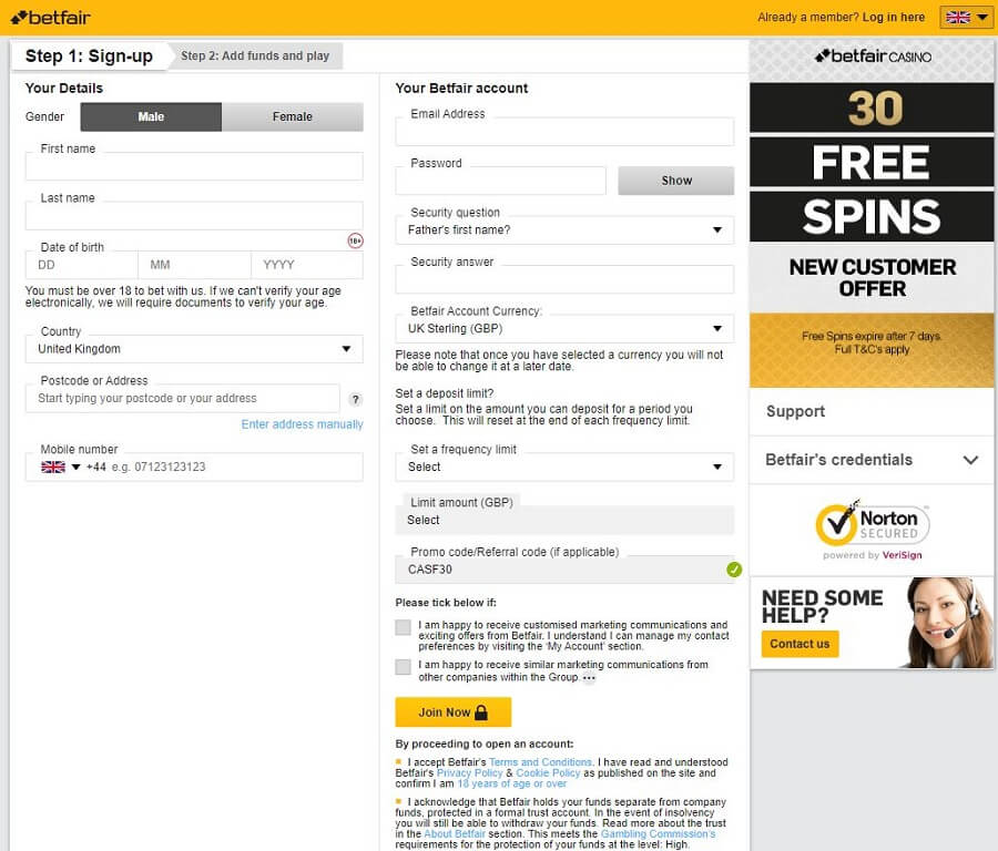 Betfair Casino Registration 2