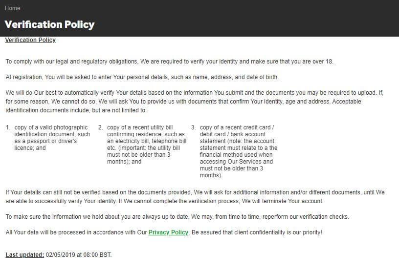 Betway Verification Policy