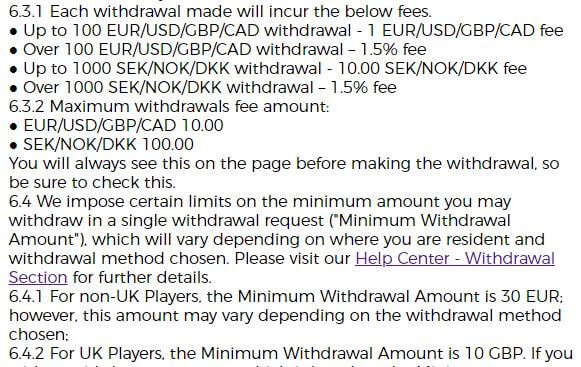 Mr Green Withdrawal Fees