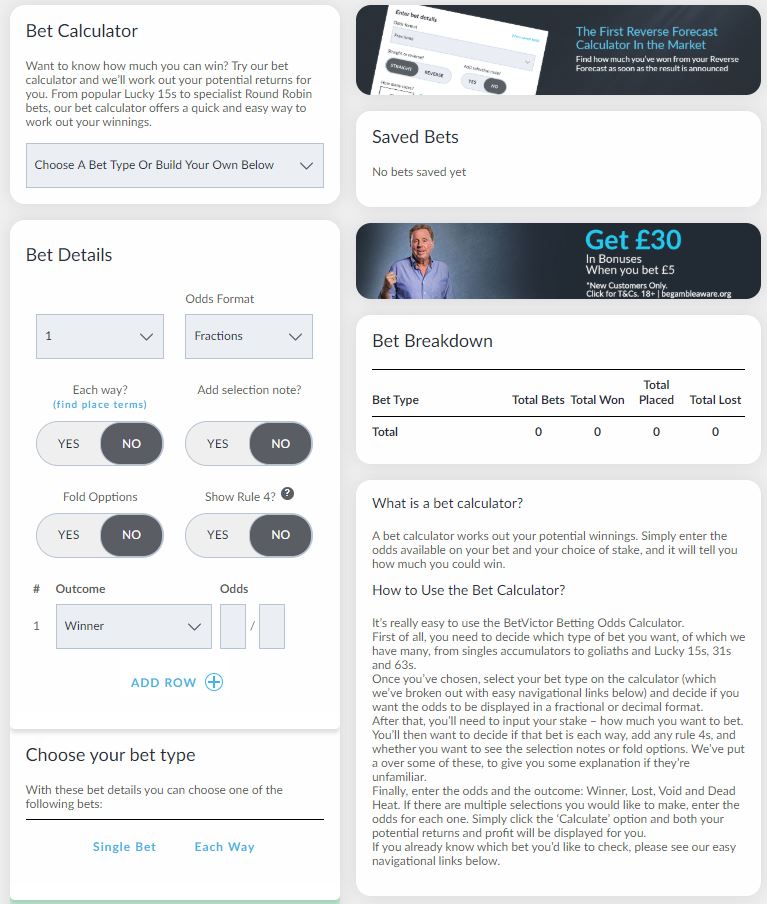 BetVictor Bet Calculator