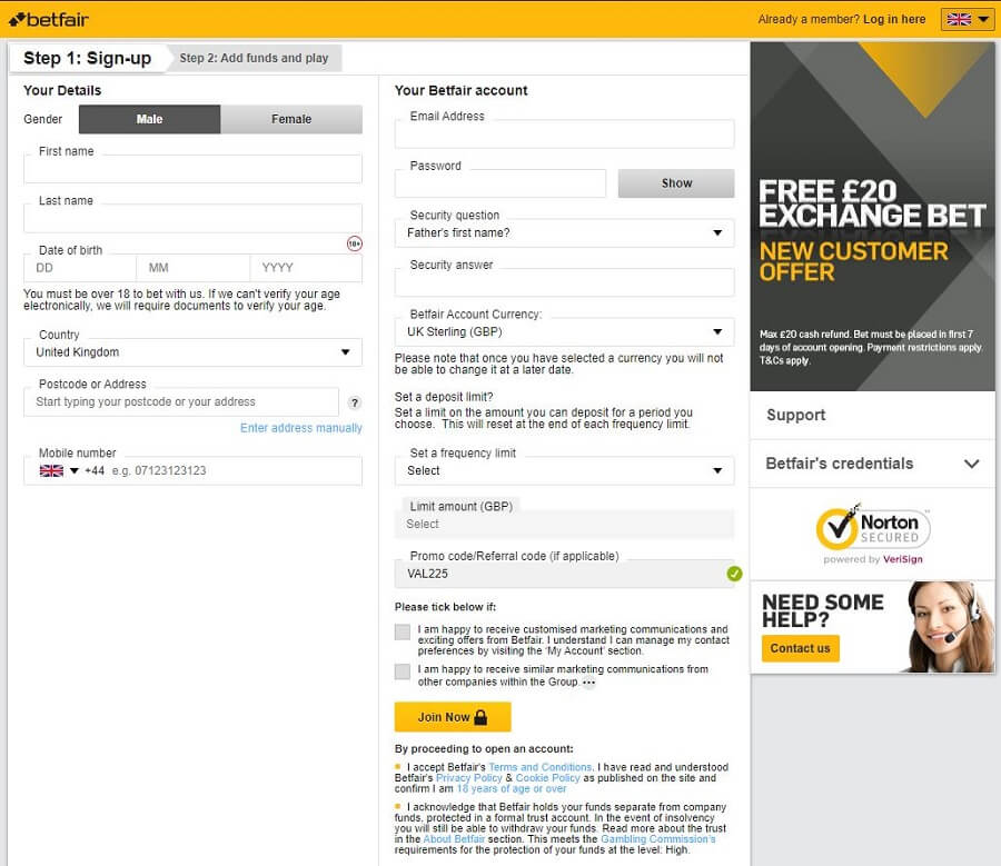 Betfair Registration 2