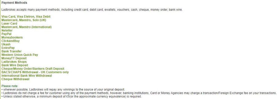 Ladbrokes Payment Methods