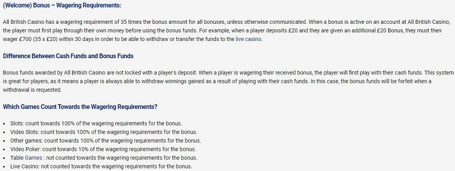 All British Casino Bonus Conditions