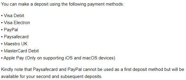 Starspins Casino Payment Methods 2